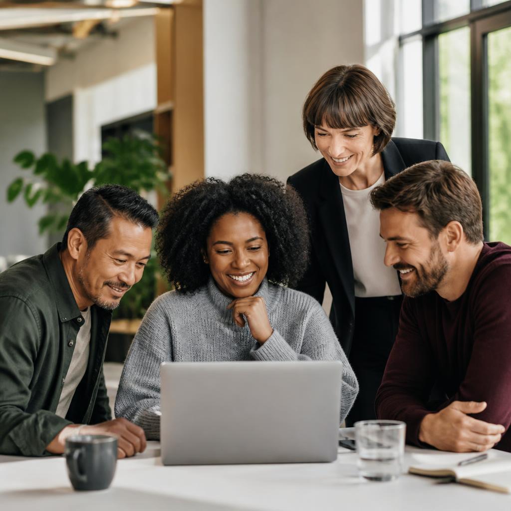 Diverse team of professionals collaborating around a laptop